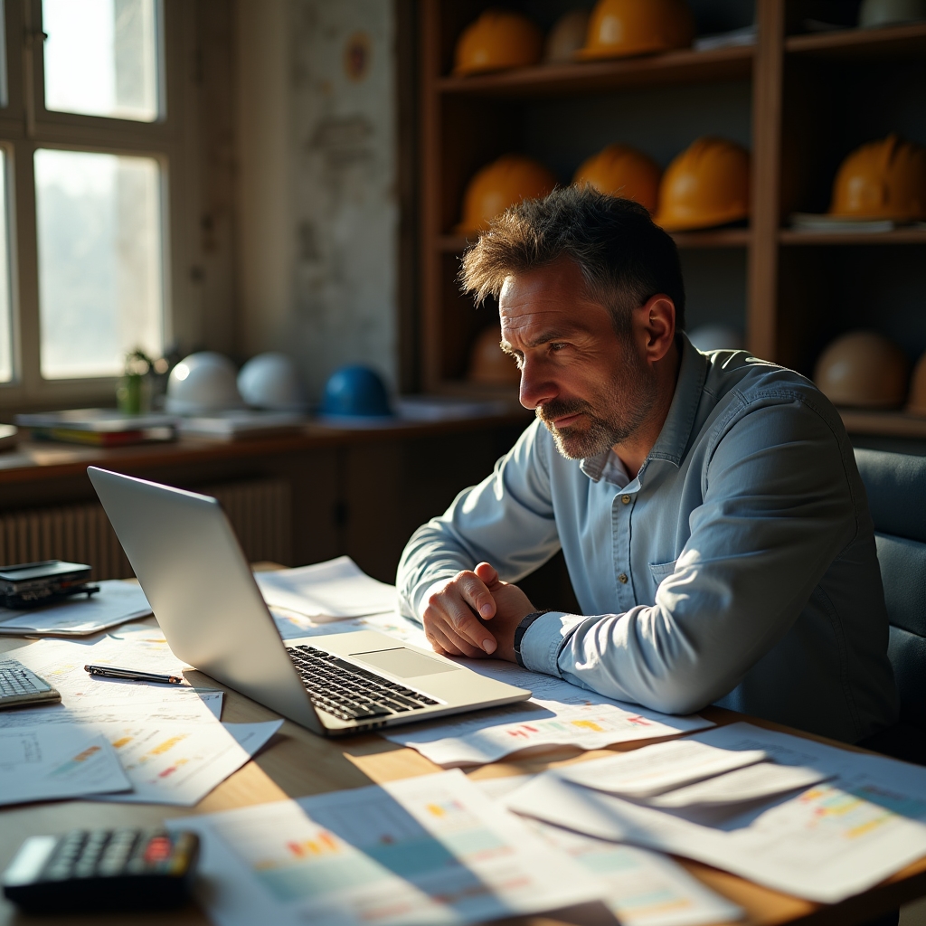 Antreprenor calculând manual un deviz de construcții